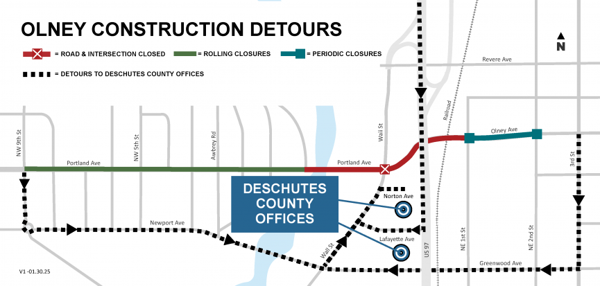 Detour map to Deschutes County facilities 2025